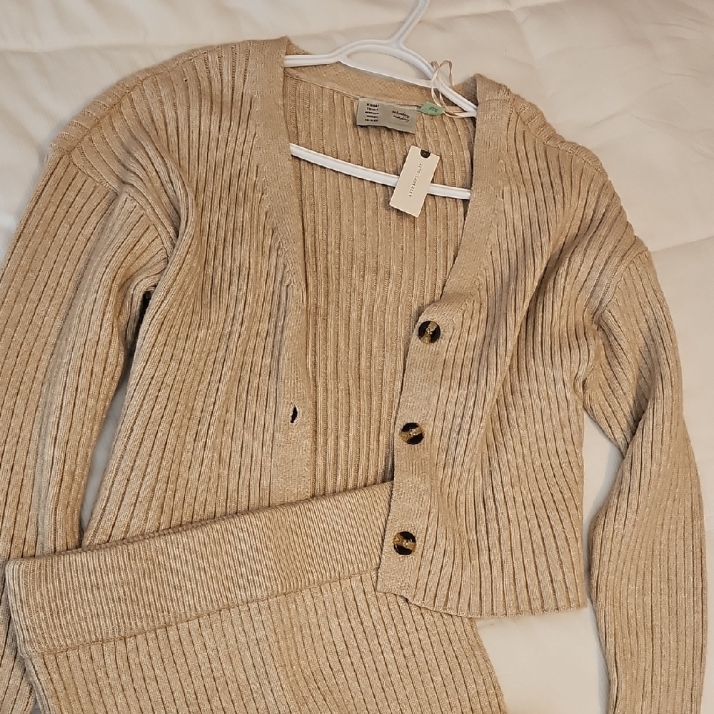 Anthropologie Tan Cardigan Skirt Set New - Picture 2 of 6